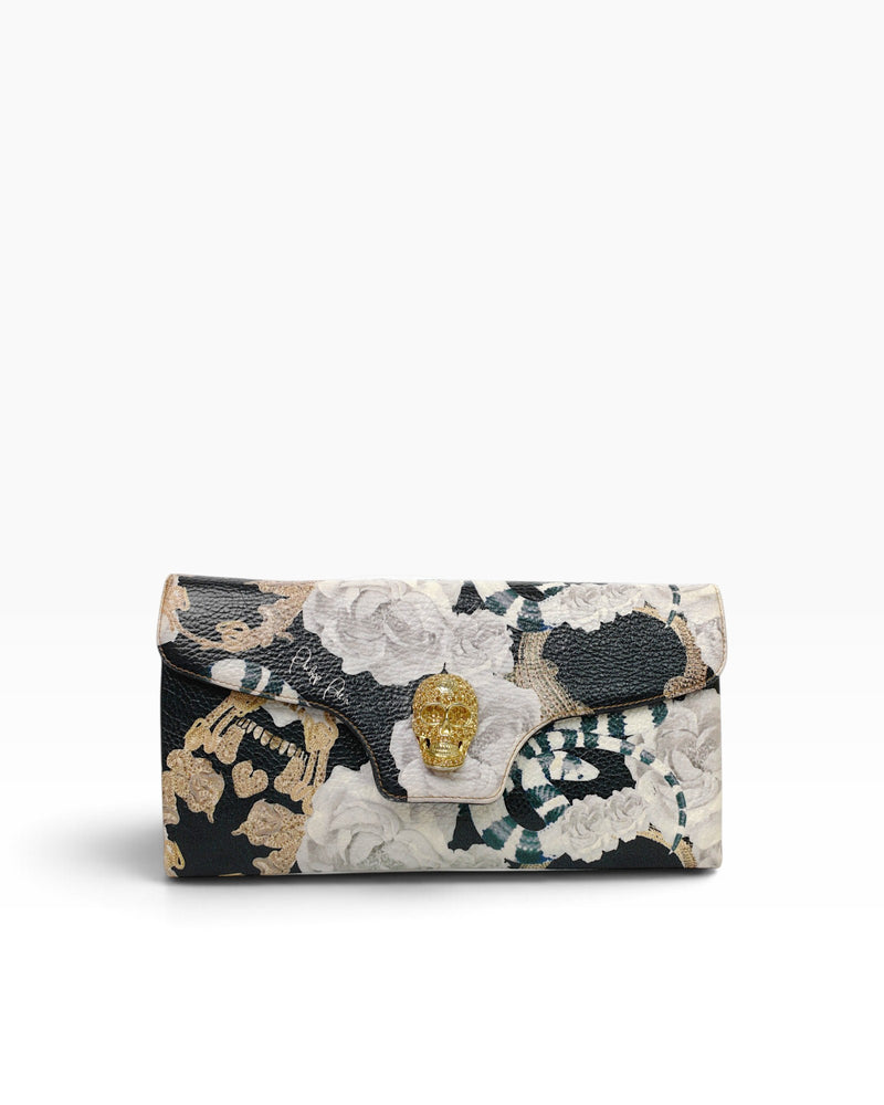Philipp Plein skull envelope clutch, front view, printed leather with gold crystal skull clasp