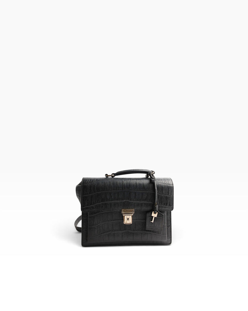 Saint Laurent Black Croc Embossed High School Satchel