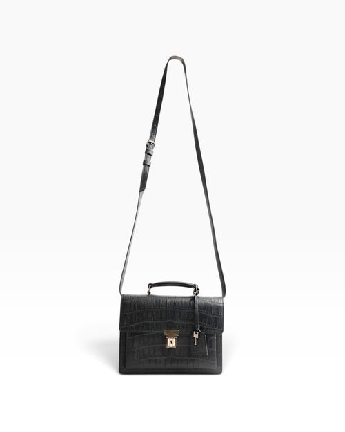 Saint Laurent Black Croc Embossed High School Satchel